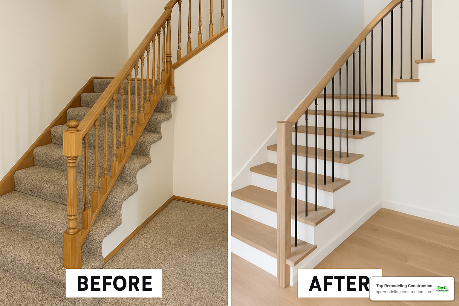before and after staircase remodel change from 90s carpet to modern wood and iron - stair remodel las vegas
