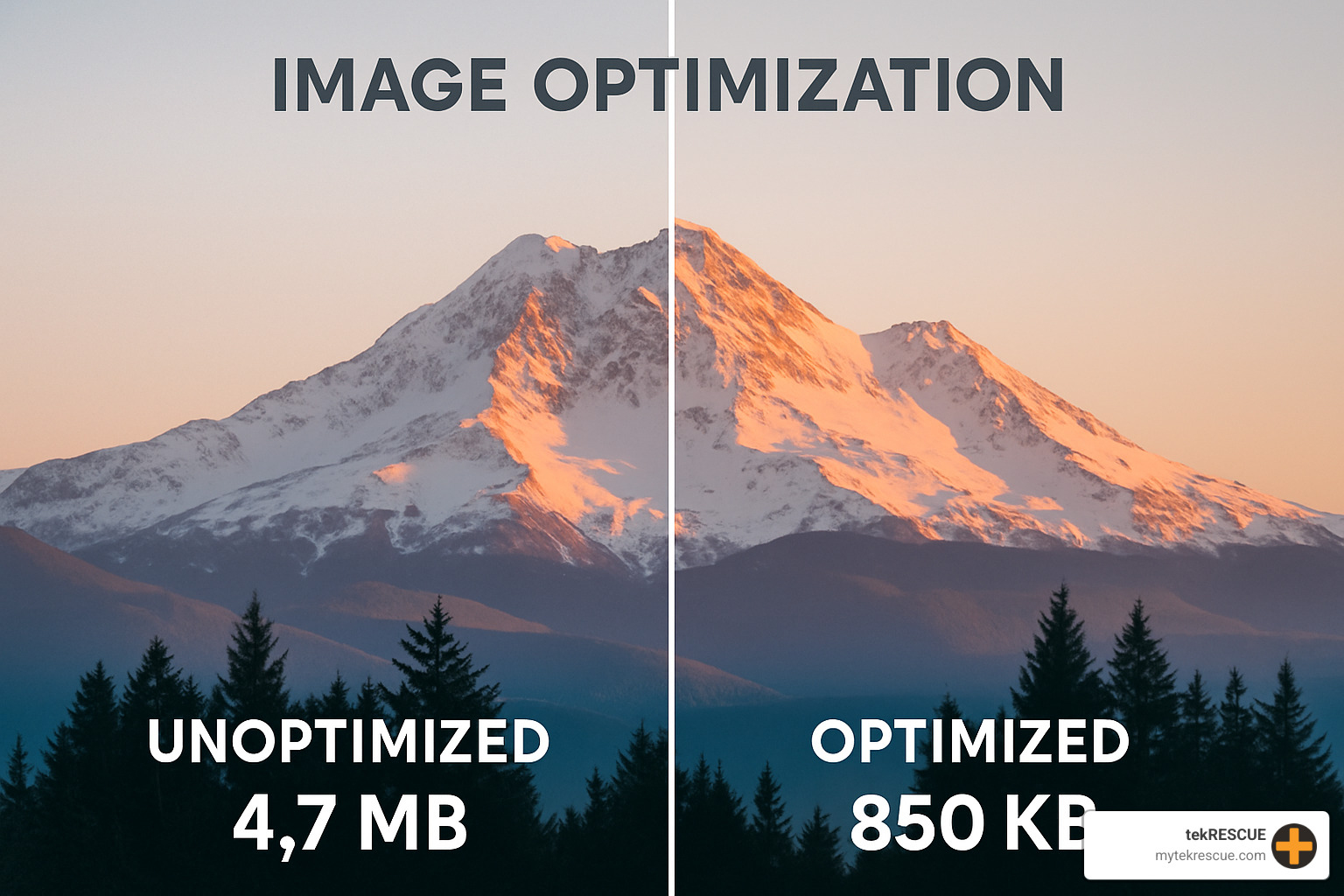 split-screen showing an unoptimized high-resolution image versus a compressed, web-ready version - How to optimize images
