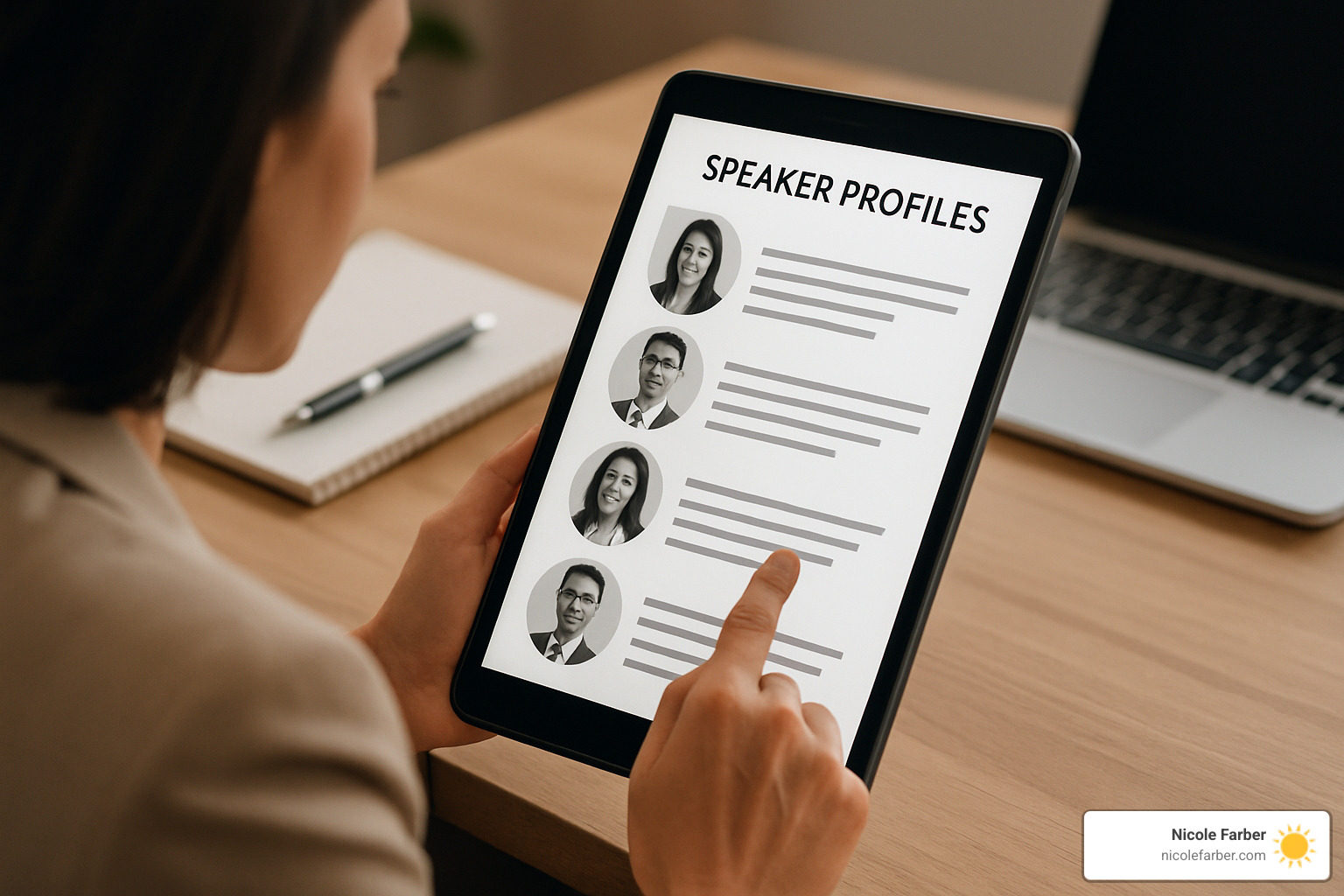 event planner reviewing speaker profiles on a tablet - business growth keynote speaker