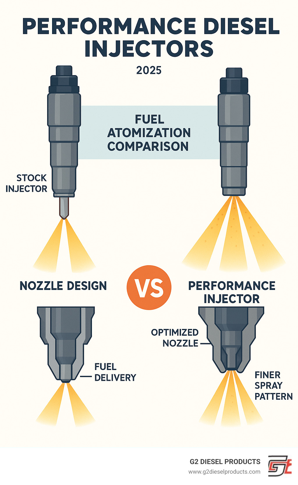 Performance diesel injector fuel atomization comparison showing stock versus performance injector spray patterns with detailed cross-sectional view of nozzle design and fuel delivery characteristics - Performance diesel injectors infographic 
