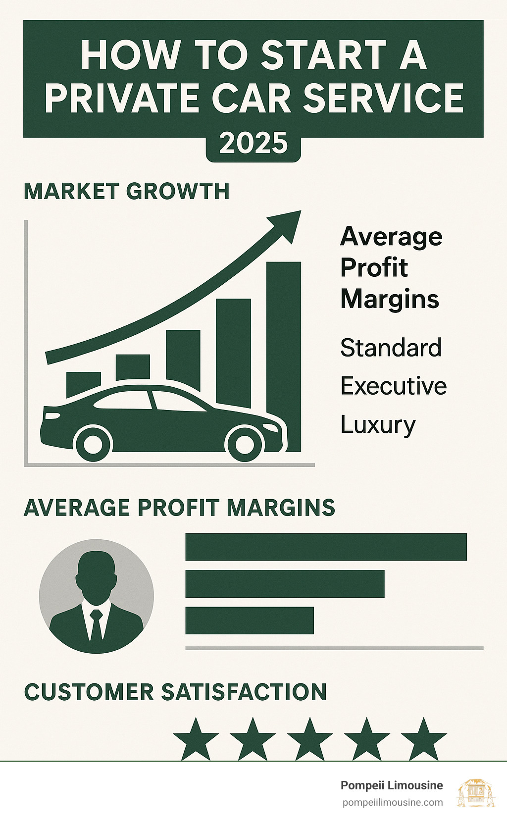 Market growth statistics showing increasing demand for private car services, average profit margins by service type, and customer satisfaction ratings in the luxury transportation industry - how to start a private car service infographic 