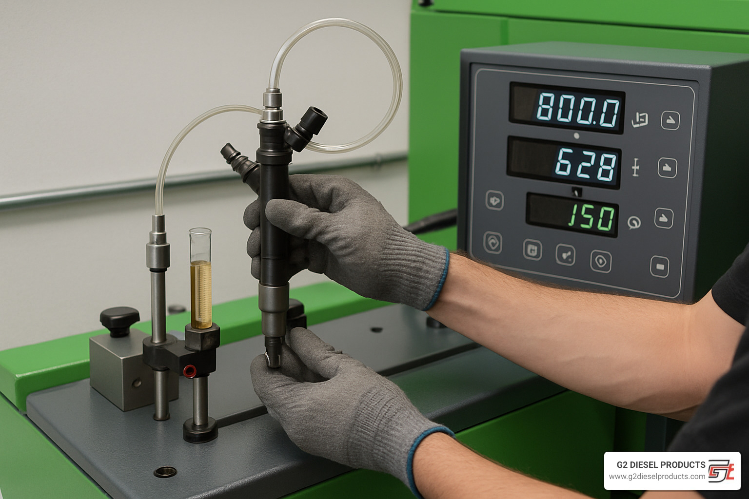 Technician testing a diesel injector on a calibration bench - Performance diesel injectors