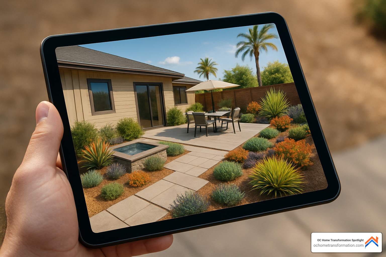3D landscape design rendering on tablet - Backyard landscaping Orange County
