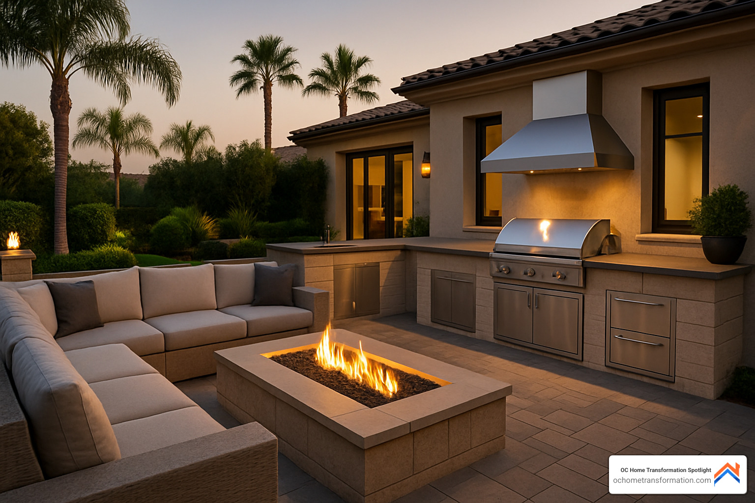 modern outdoor kitchen with built-in grill and fire pit - Backyard landscaping Orange County