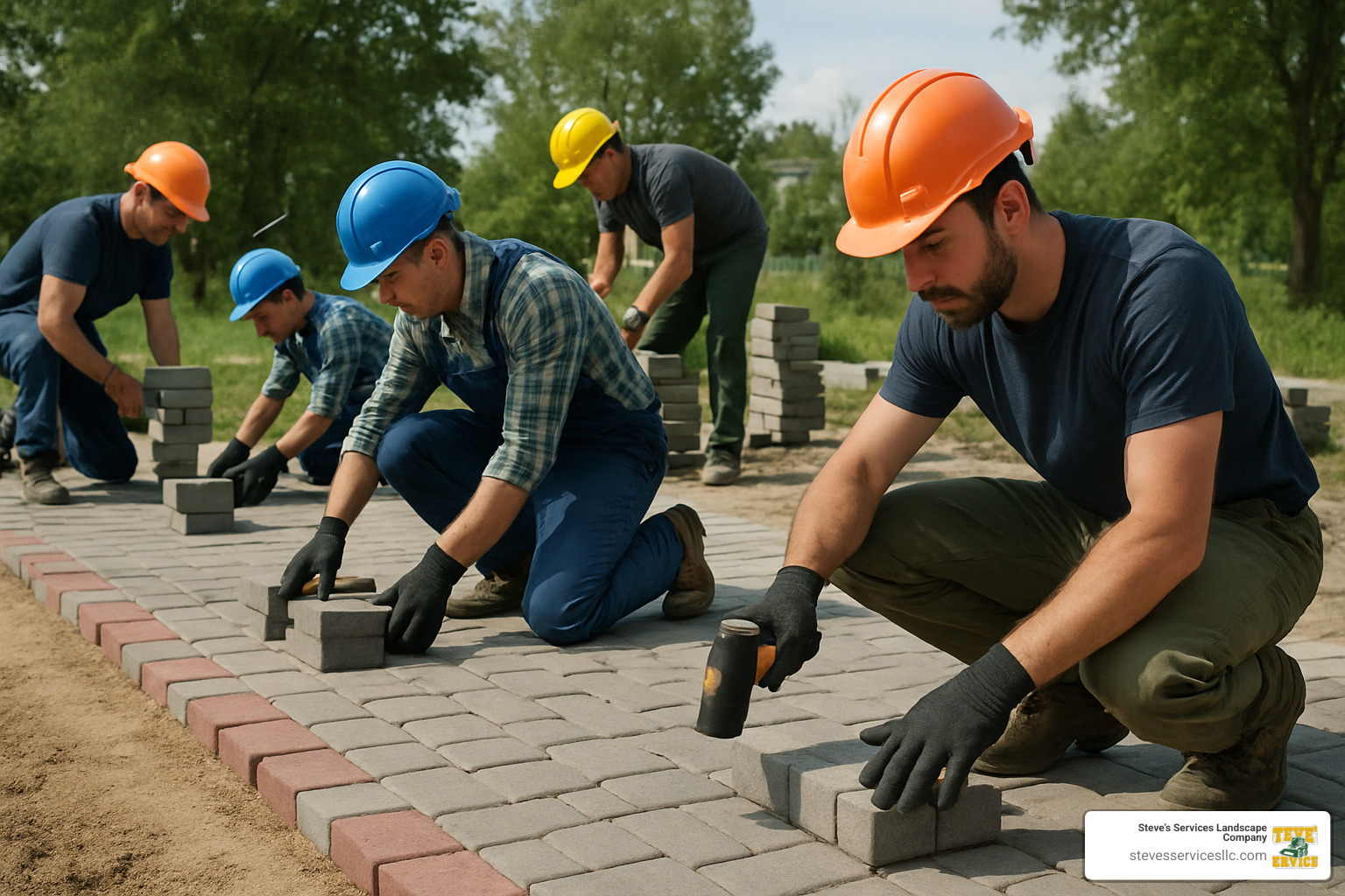 team of professionals installing a paver walkway - hardscape landscaping company