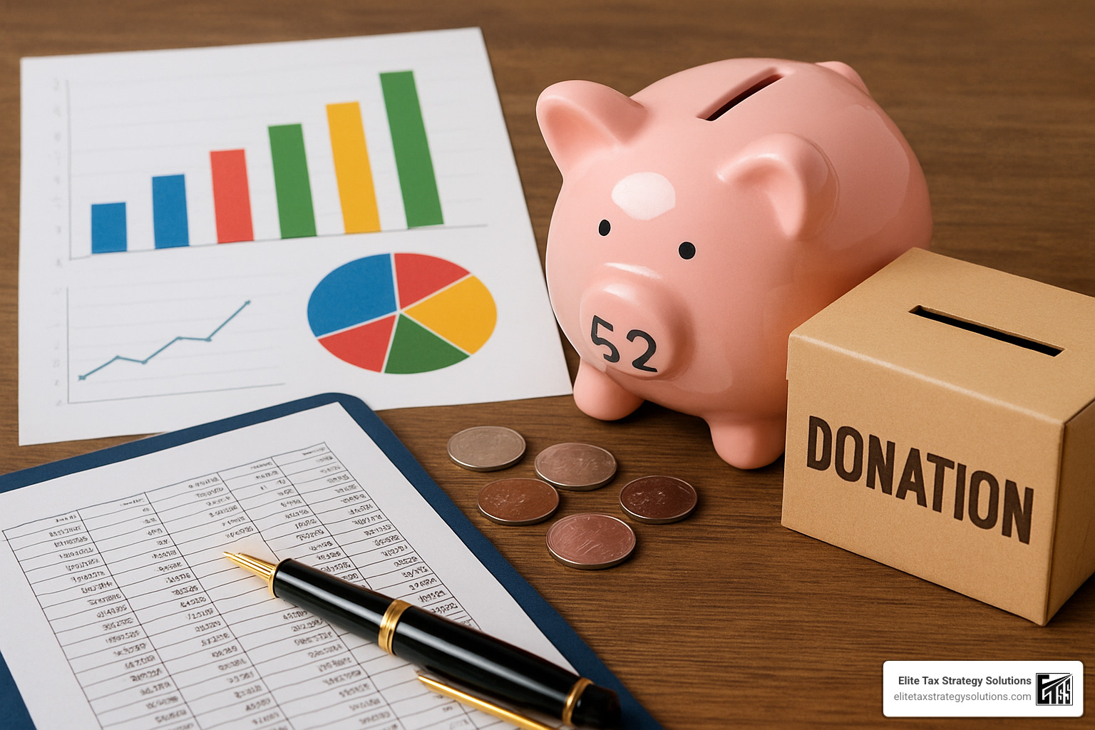 Diverse financial toolkit including charts, a piggy bank for a 529, and a charity donation box - retirement tax strategies for high-income earners