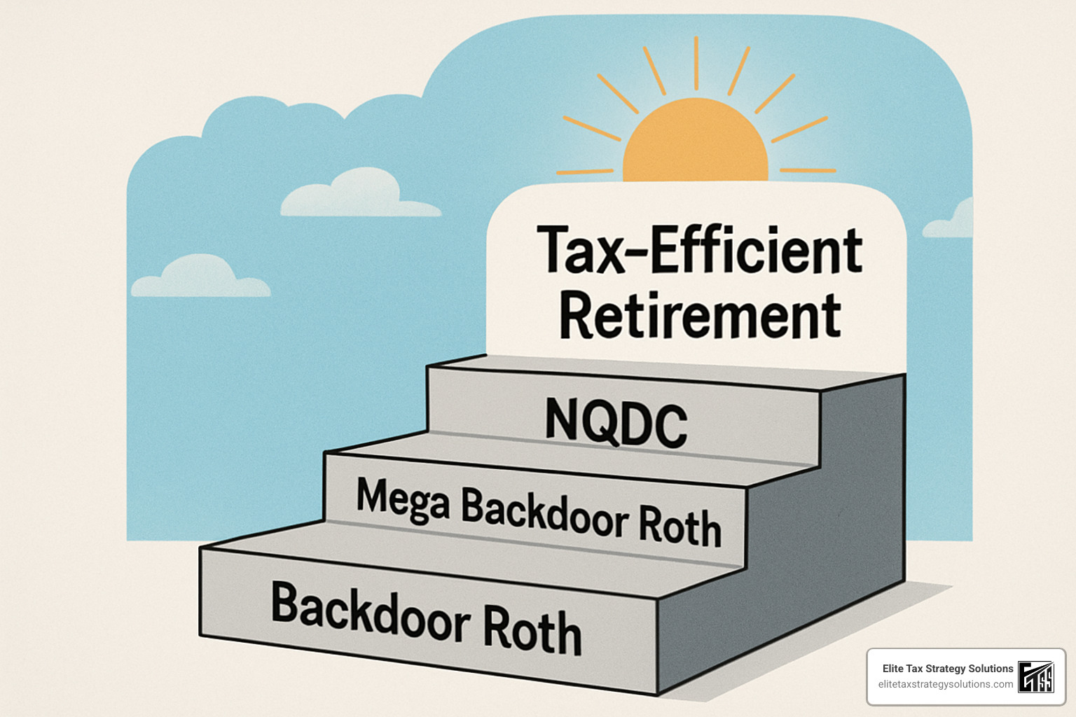 Staircase with steps labeled "Backdoor Roth," "Mega Backdoor Roth," and "NQDC," leading to a goal of "Tax-Efficient Retirement" - retirement tax strategies for high-income earners