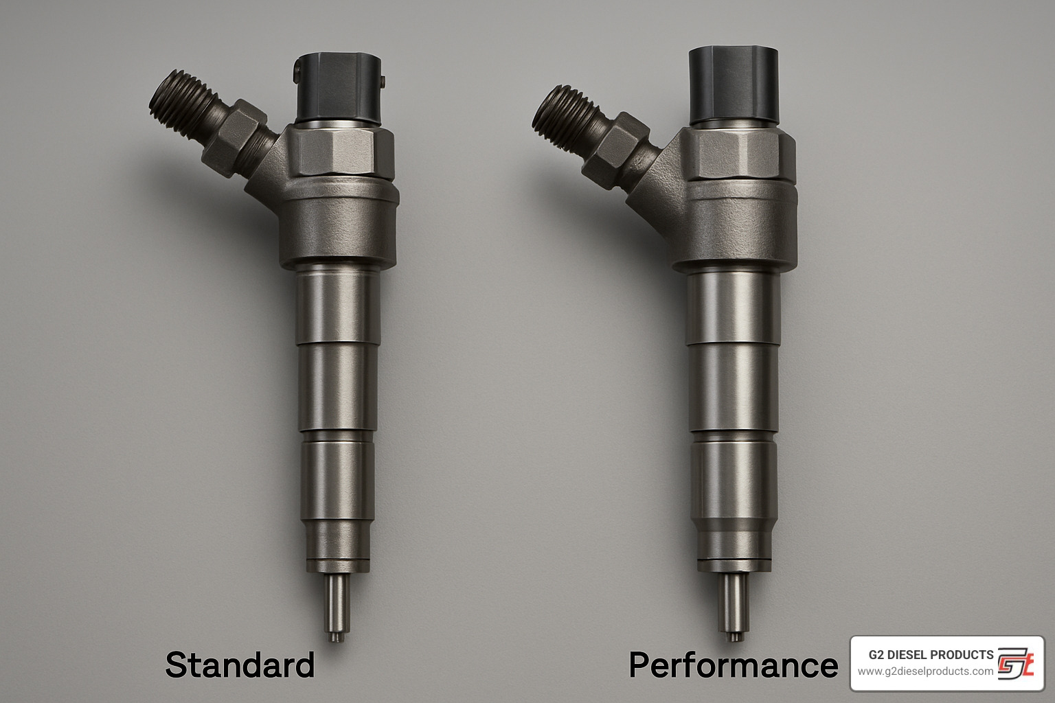 Side-by-side comparison of an OEM injector and a performance injector, highlighting the larger nozzle - Performance diesel injectors