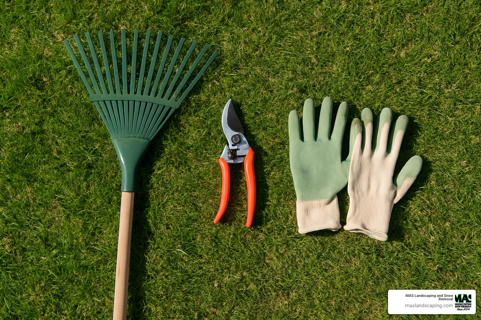 Essential spring cleanup tools like a rake, pruners, and gloves laid out on a lawn - spring cleanup of yard