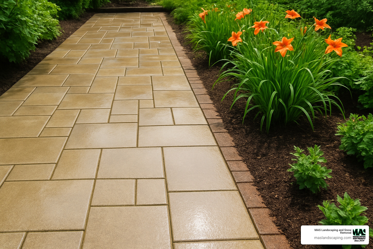 Freshly power-washed patio or walkway next to a garden bed - spring cleanup of yard