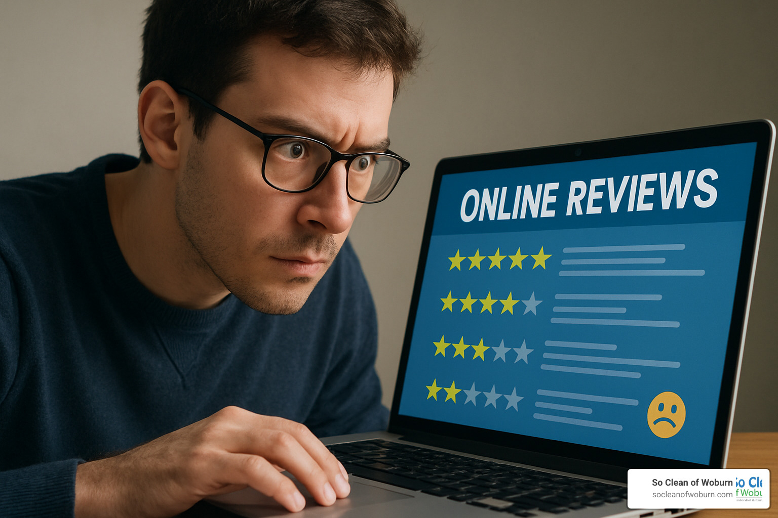 A person looking at online reviews on a laptop - carpet cleaner near me