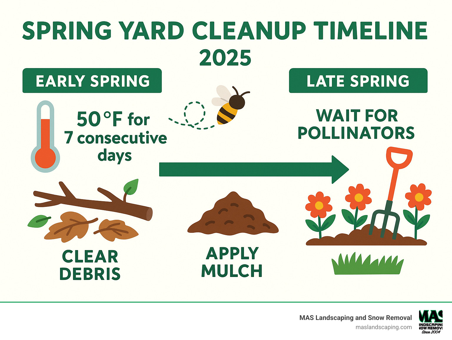 Detailed spring yard cleanup timeline infographic showing early spring tasks like debris removal and late spring tasks like mulching, with temperature thresholds and pollinator-friendly timing recommendations - spring cleanup of yard infographic 