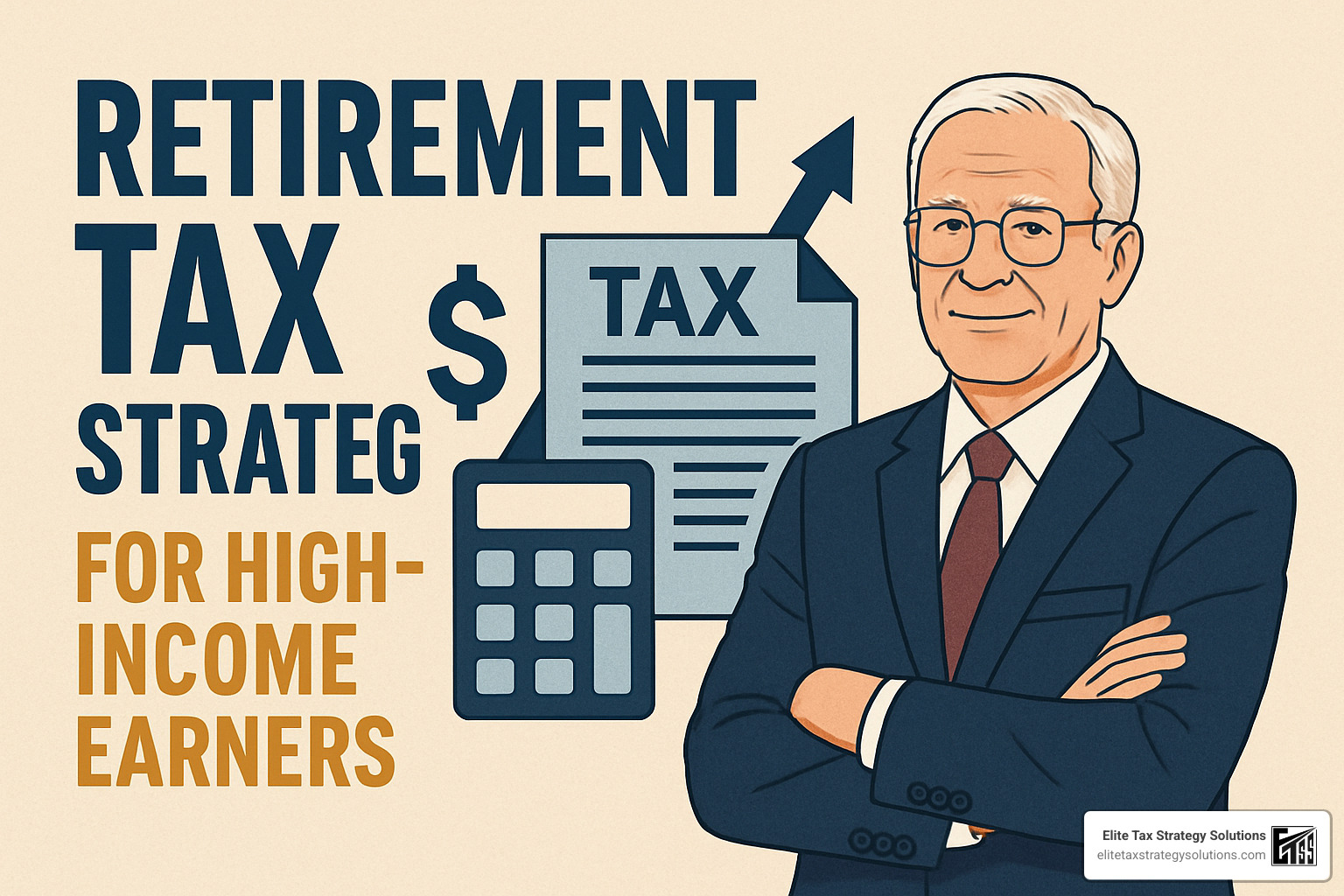 Calendar with "TCJA Sunset" and "RMD Age" marked, next to an estate planning document - retirement tax strategies for high-income earners