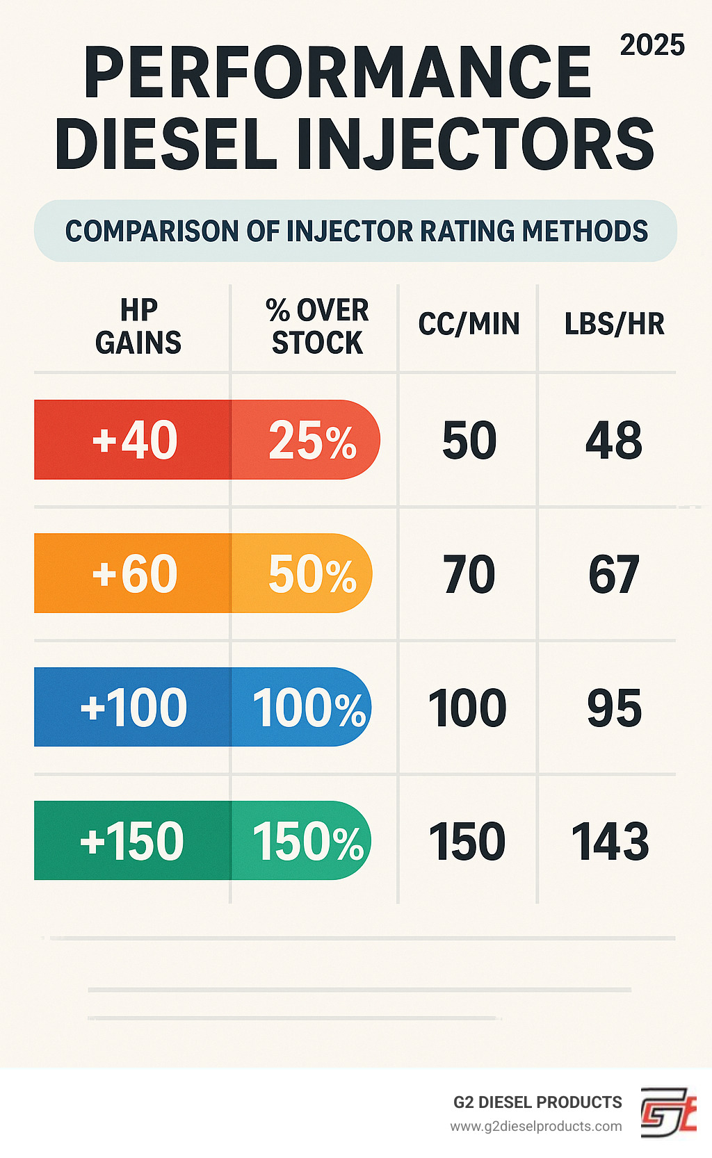 Comparison chart showing different injector rating methods including HP gains, percentage over stock, CC/MIN, and LBS/HR with typical values for various performance levels - Performance diesel injectors infographic 