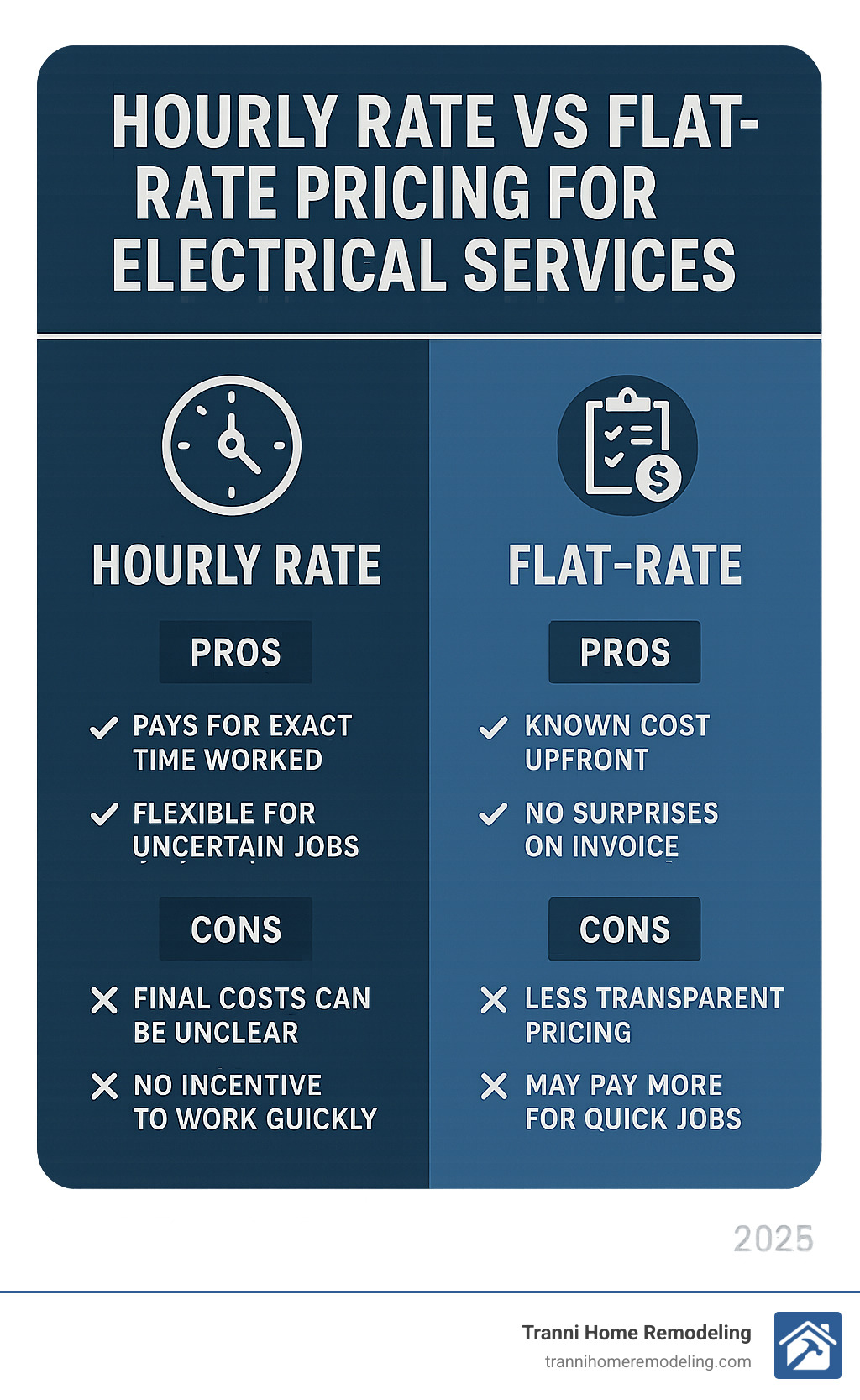 Infographic comparing hourly rates vs flat-rate pricing for electrical services, showing pros and cons of each approach - best home electrician near me infographic 