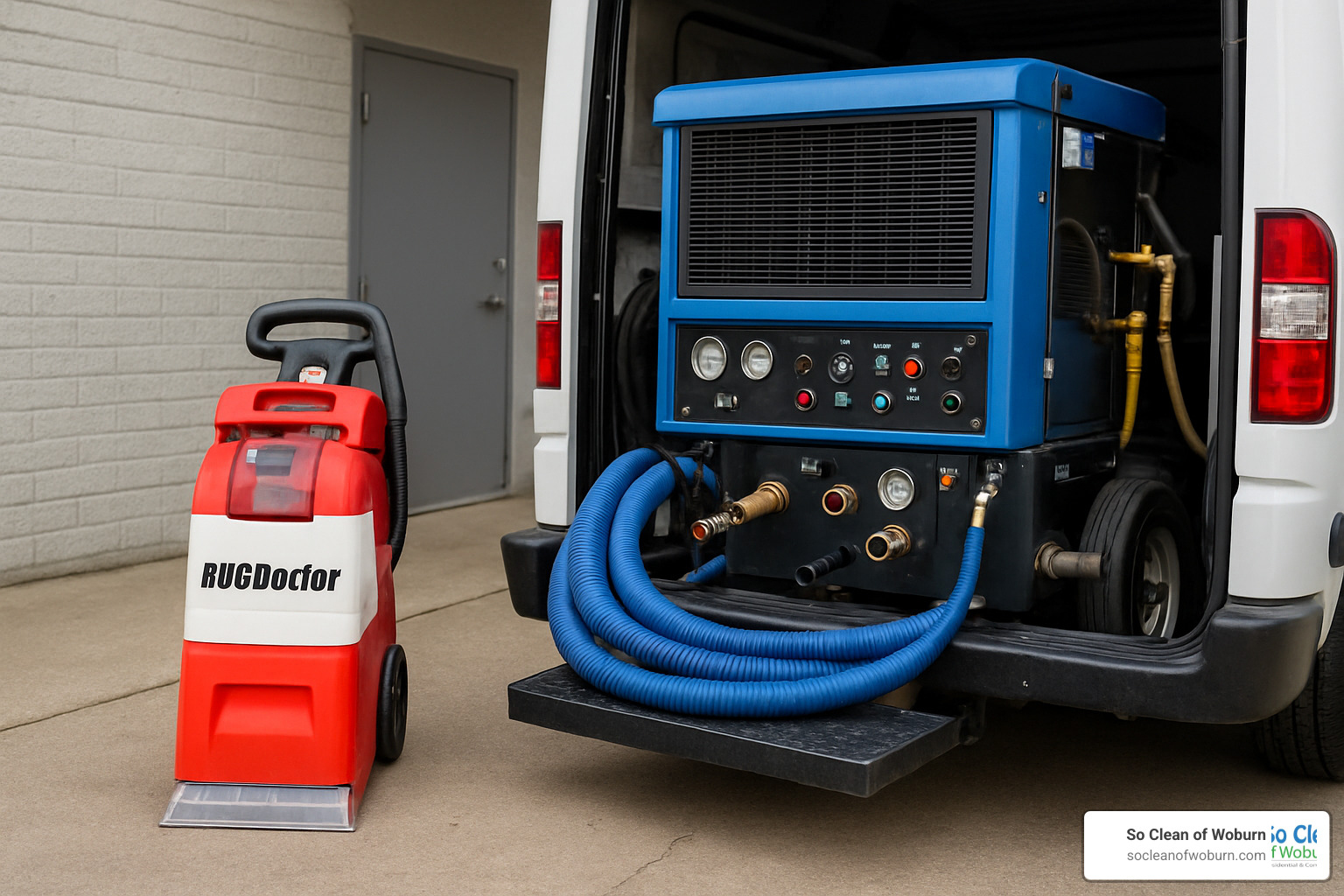 A rental carpet cleaner next to a professional truck-mounted unit - carpet cleaner near me