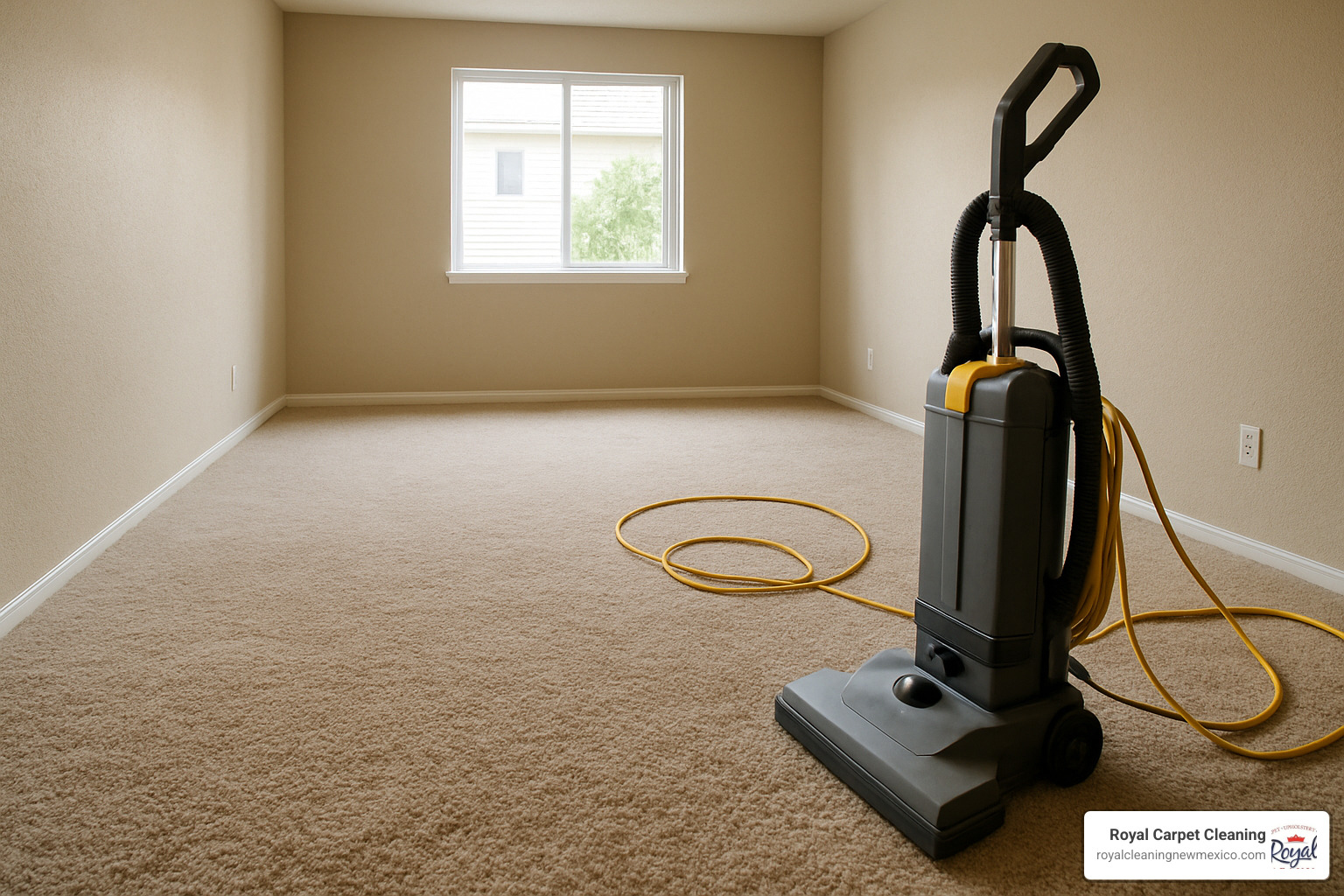 room cleared of furniture with a vacuum cleaner in the foreground - how to use a commercial carpet cleaner
