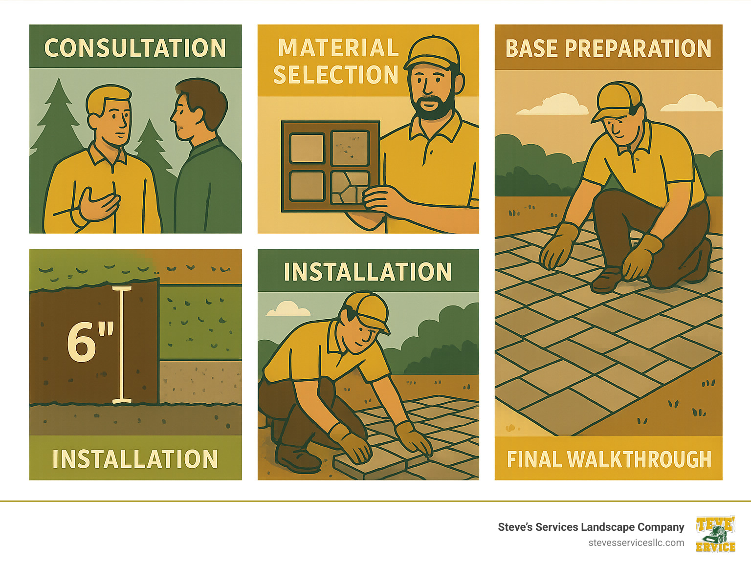 Infographic showing the complete hardscape process from initial consultation through material selection, base preparation, installation, and final walkthrough, with emphasis on proper 6-inch base depth and quality control measures - hardscape landscaping company infographic 