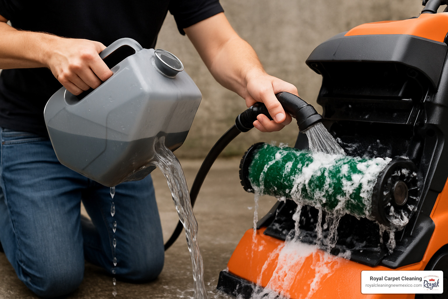 someone rinsing the machine's dirty water tank and cleaning the brush roll - how to use a commercial carpet cleaner