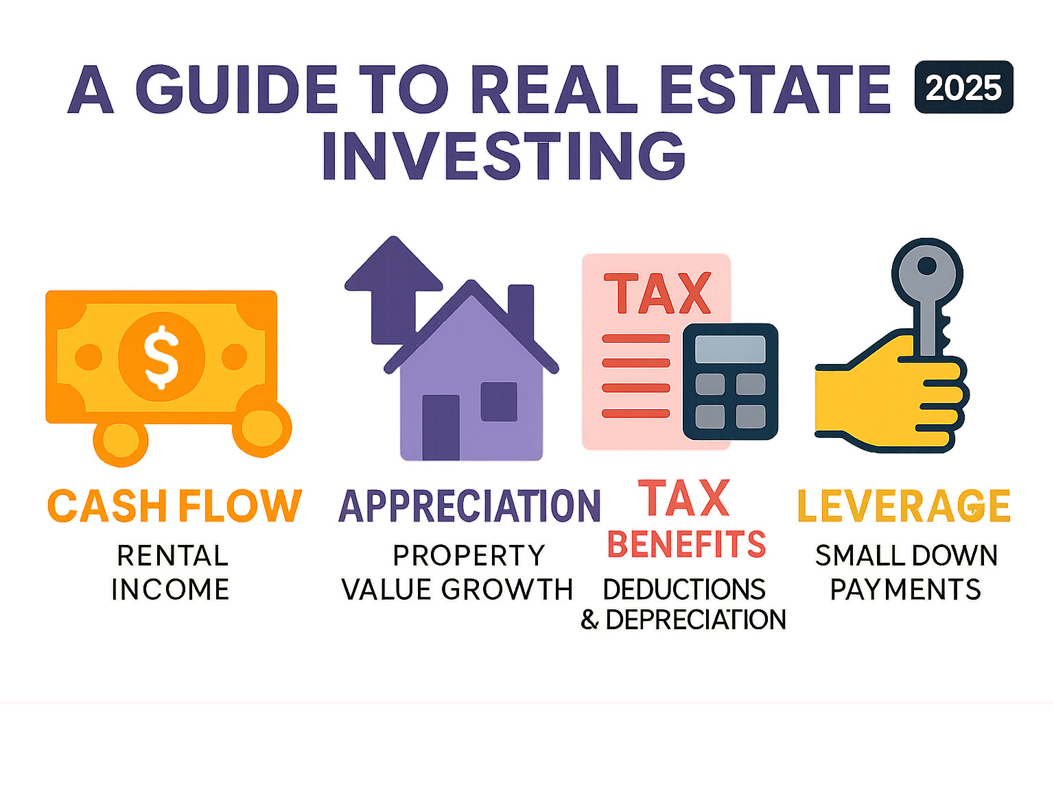 Infographic showing the four pillars of real estate investing success: cash flow from rental income, appreciation from property value growth, tax benefits including deductions and depreciation, and leverage allowing control of large assets with small down payments - a guide to real estate investing infographic 