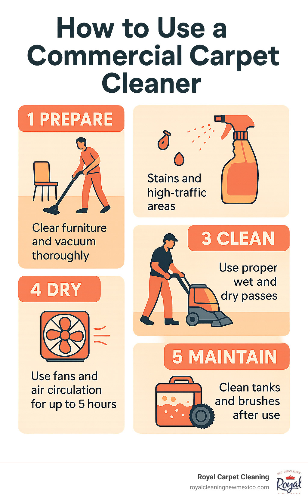 Infographic showing the 5 key stages of using a commercial carpet cleaner: Stage 1 - Prepare the room by clearing furniture and vacuuming thoroughly, Stage 2 - Pre-treat stains and high-traffic areas with appropriate cleaning solutions, Stage 3 - Clean using proper wet and dry passes with the extraction machine, Stage 4 - Dry the carpet using fans and air circulation for up to 5 hours, Stage 5 - Maintain the equipment by cleaning tanks and brushes after use - how to use a commercial carpet cleaner infographic 