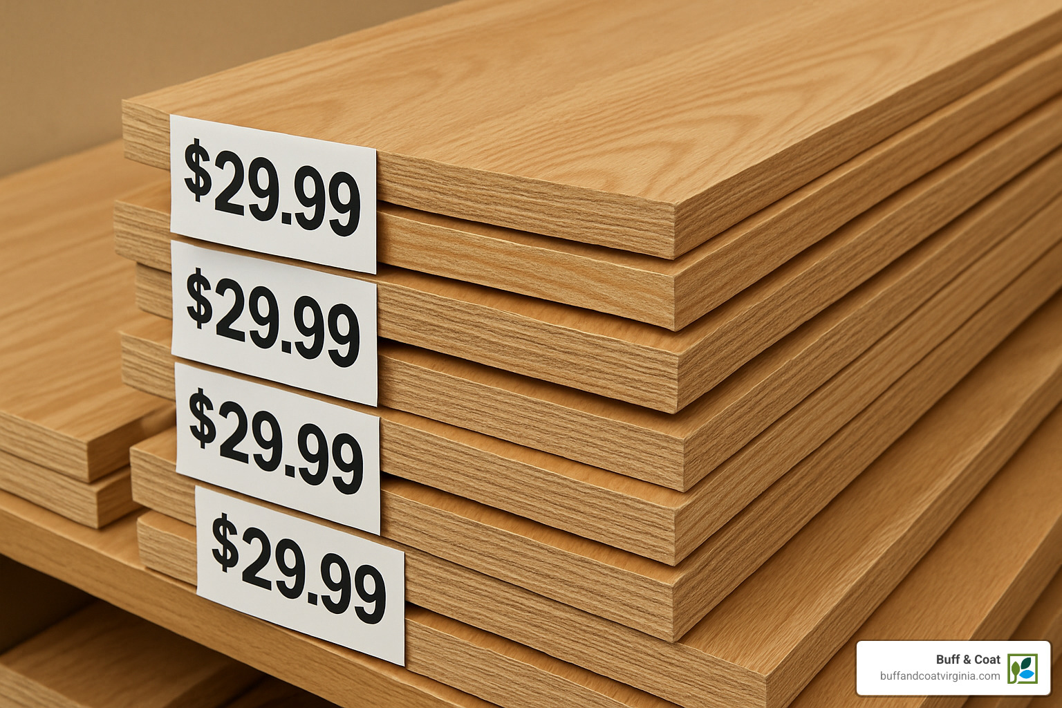 Stack of engineered wood planks with price tags - engineered wood flooring cost per square metre