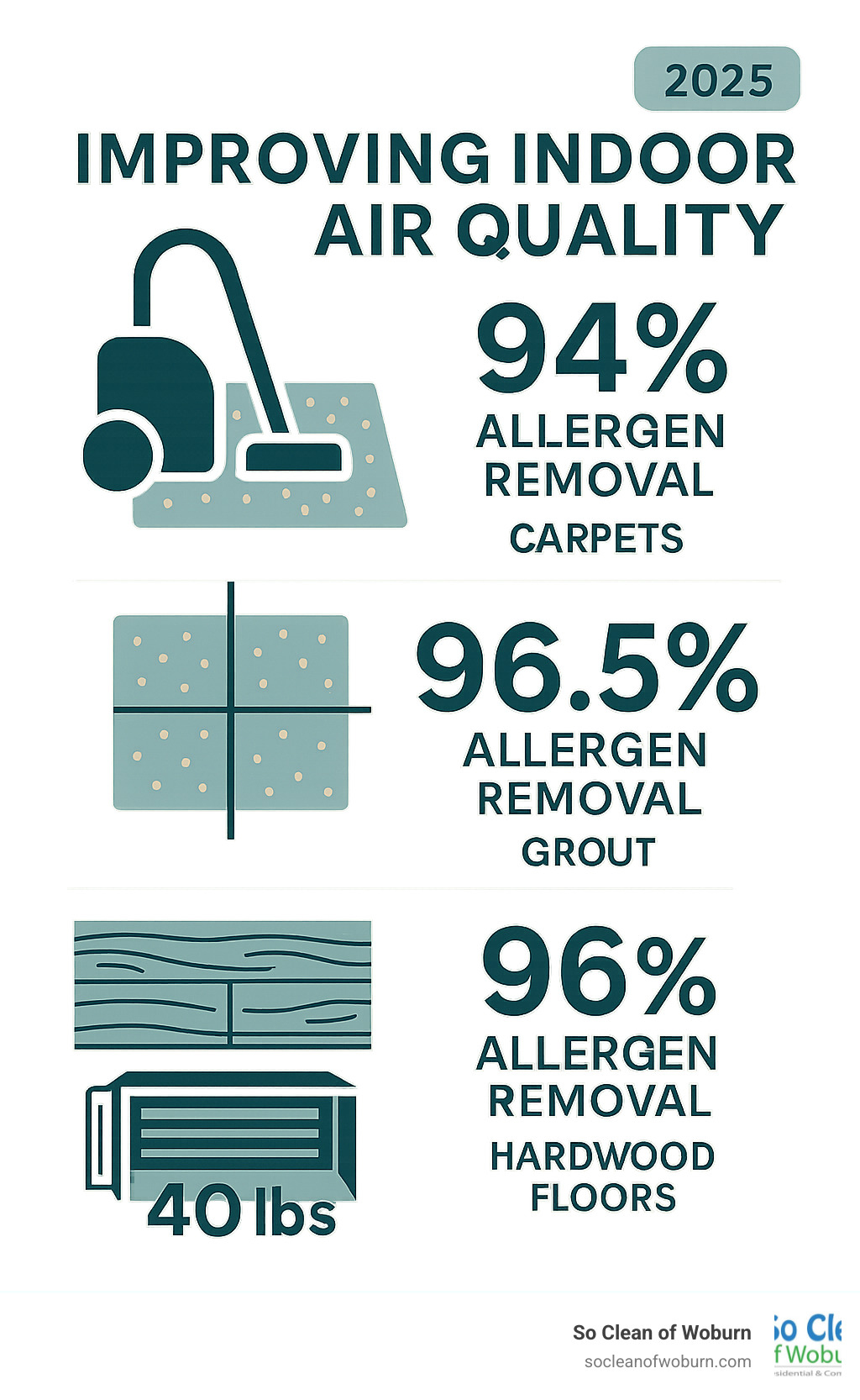 Infographic showing indoor air quality improvement statistics: 94% allergen removal from carpets, 96.5% from grout, 96% from hardwood floors, and 40 lbs of debris removed from air ducts annually - carpet cleaner near me infographic 