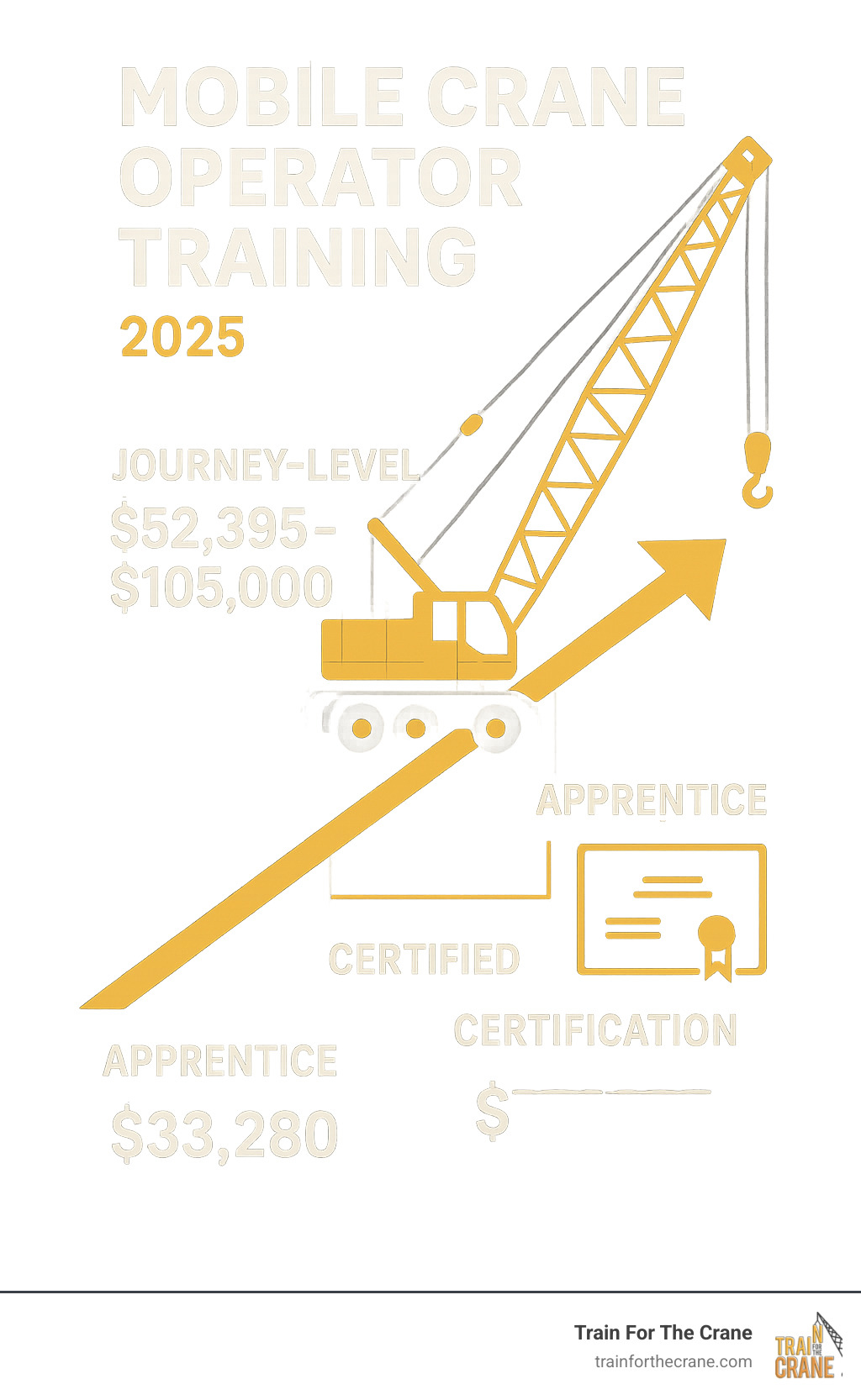 Infographic showing mobile crane operator salary progression from apprentice ($33,280) through journey-level ($52,395-$105,000) with required training hours and certification levels - mobile crane operator training infographic Infographic showing mobile crane operator salary progression from apprentice ($33,280) through journey-level ($52,395-$105,000) with required training hours and certification levels - mobile crane operator training infographic