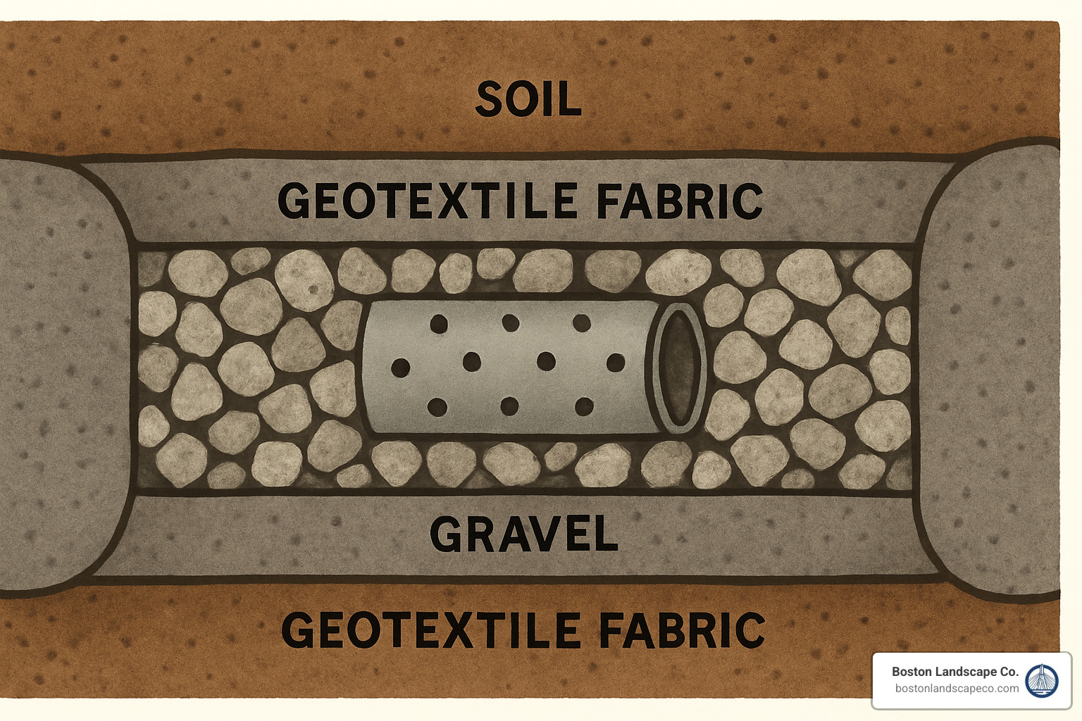 Cross-section diagram showing the layers of a French drain with perforated pipe surrounded by gravel and wrapped in geotextile fabric - residential landscape drainage