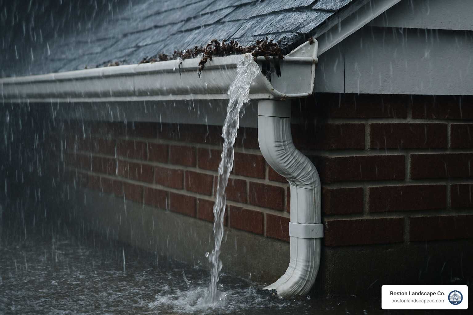 Clogged gutter overflowing next to a home's foundation - residential landscape drainage