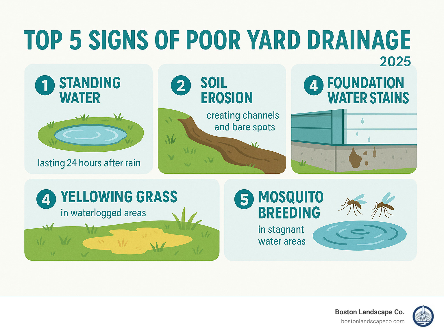 Infographic showing the top 5 signs of poor yard drainage: standing water puddles lasting more than 24 hours after rain, soil erosion creating channels and bare spots, foundation water stains or basement moisture, yellowing or dying grass in waterlogged areas, and mosquito breeding in stagnant water areas - residential landscape drainage infographic 