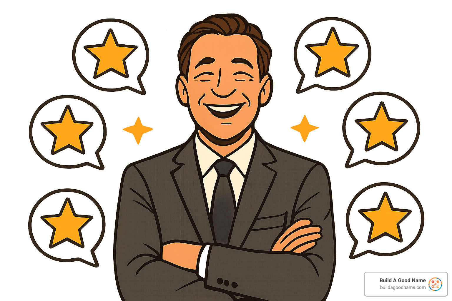 happy business owner surrounded by 5-star review icons - online reputation management companies reviews