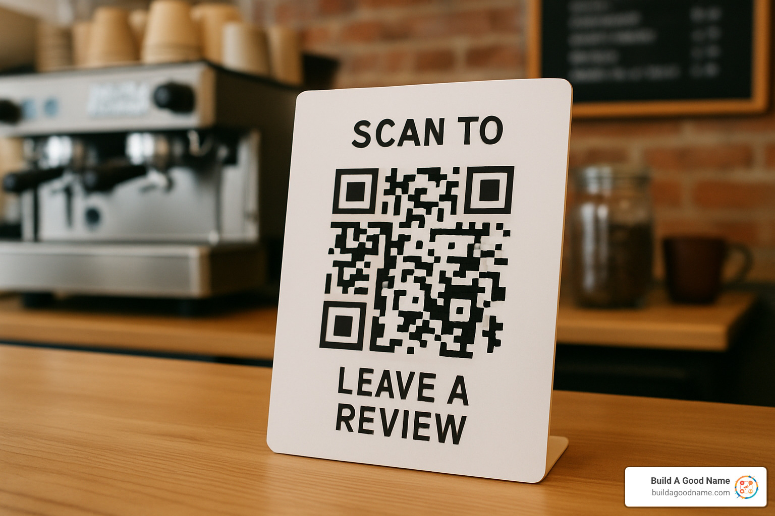 QR code on a coffee shop counter that links to a review page - Boost customer reviews