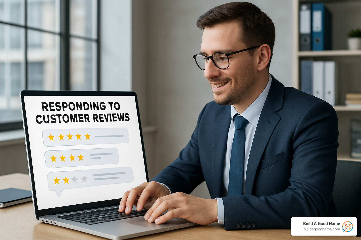 business manager typing a response to a review - Boost customer reviews
