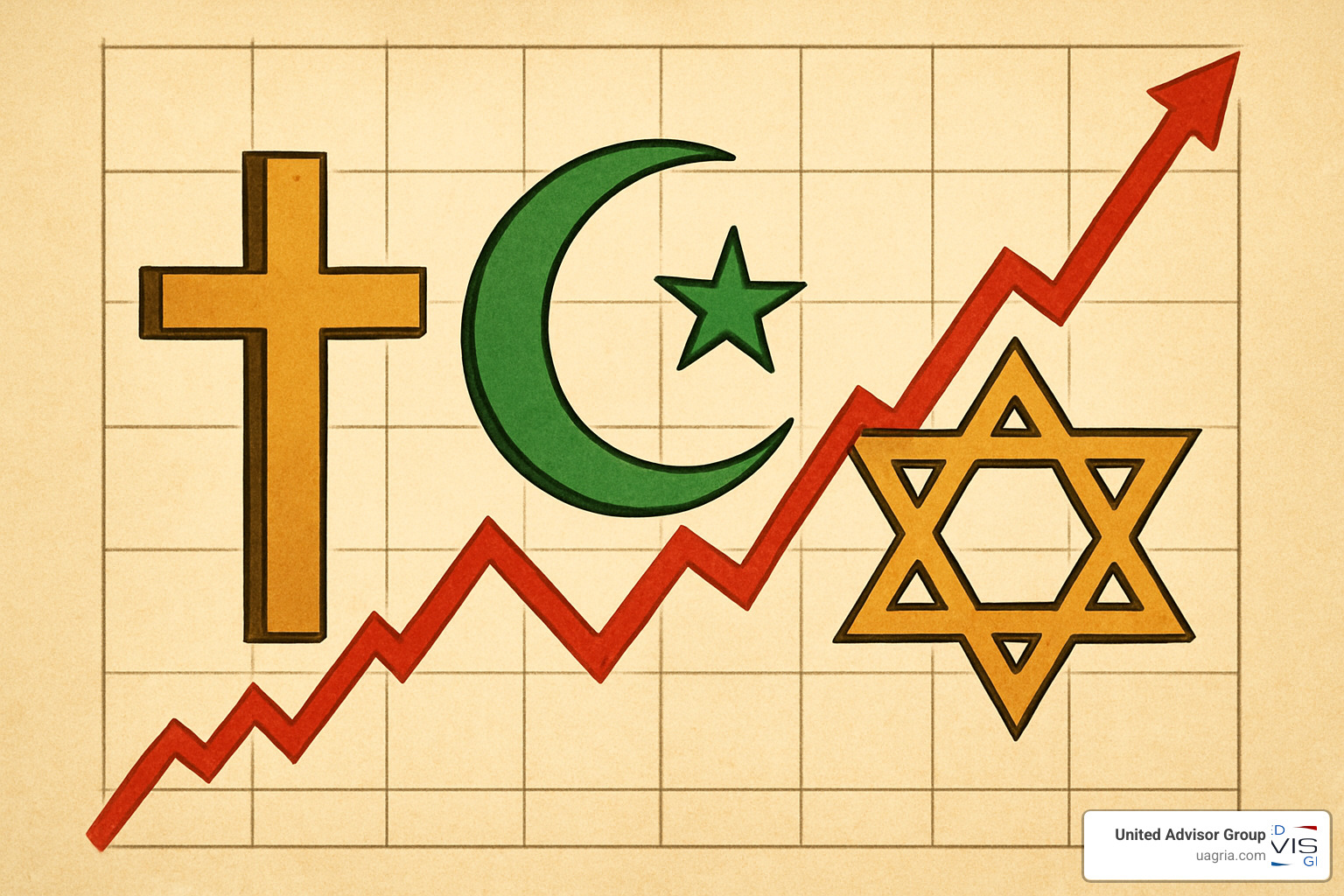 Diverse faith symbols (Christian cross, Islamic crescent, Jewish Star of David) intertwined with a rising stock market graph, representing the intersection of different religious traditions with financial markets - faith based investing