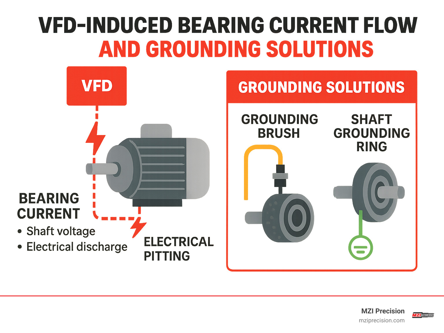 Infographic showing VFD-induced bearing current flow and grounding solutions - haas spindle motor bearing replacement infographic