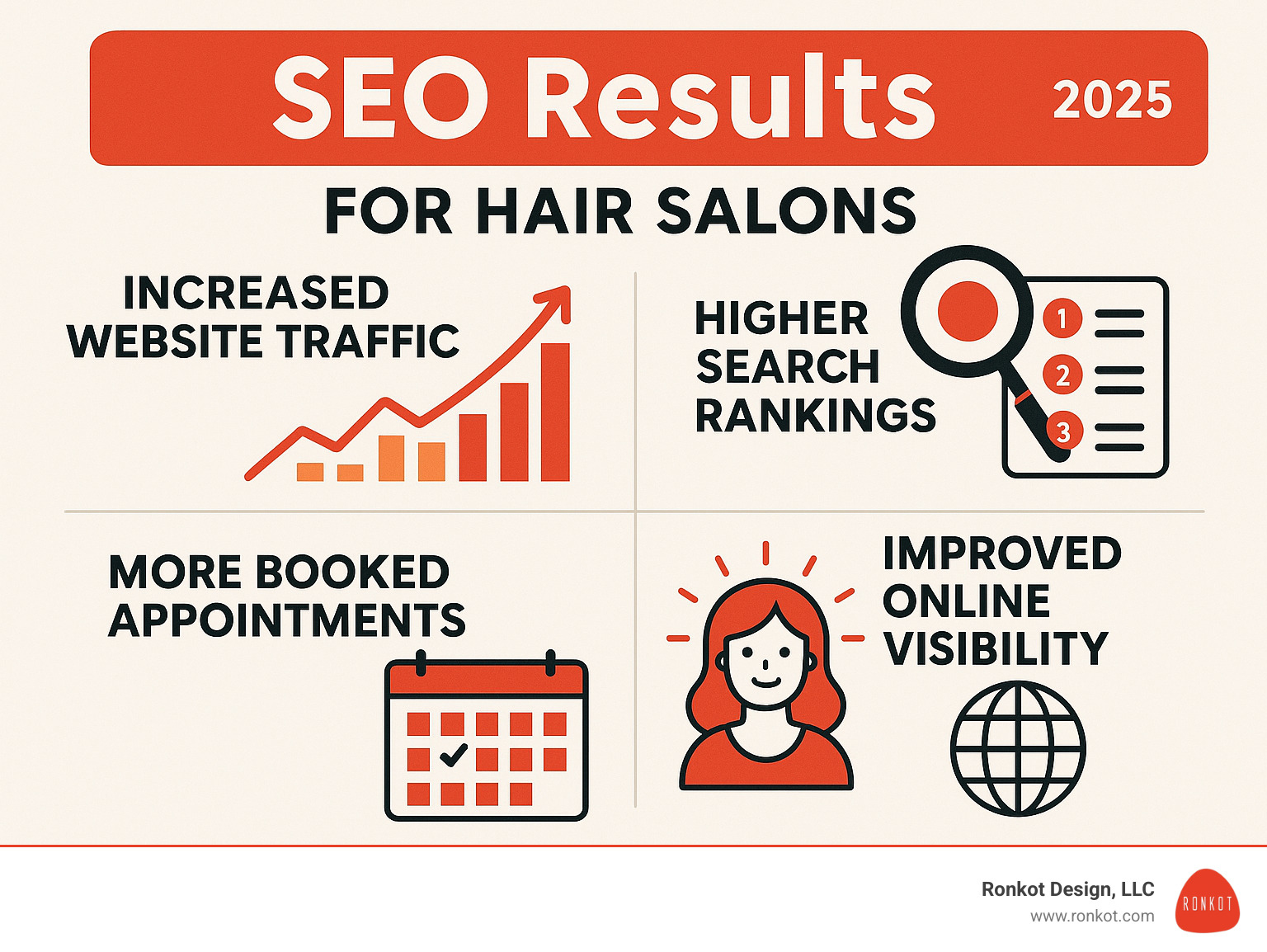 Infographic showing SEO results: increased website traffic, higher search rankings, more booked appointments, and improved online visibility for hair salons - best seo keywords for hair salons infographic