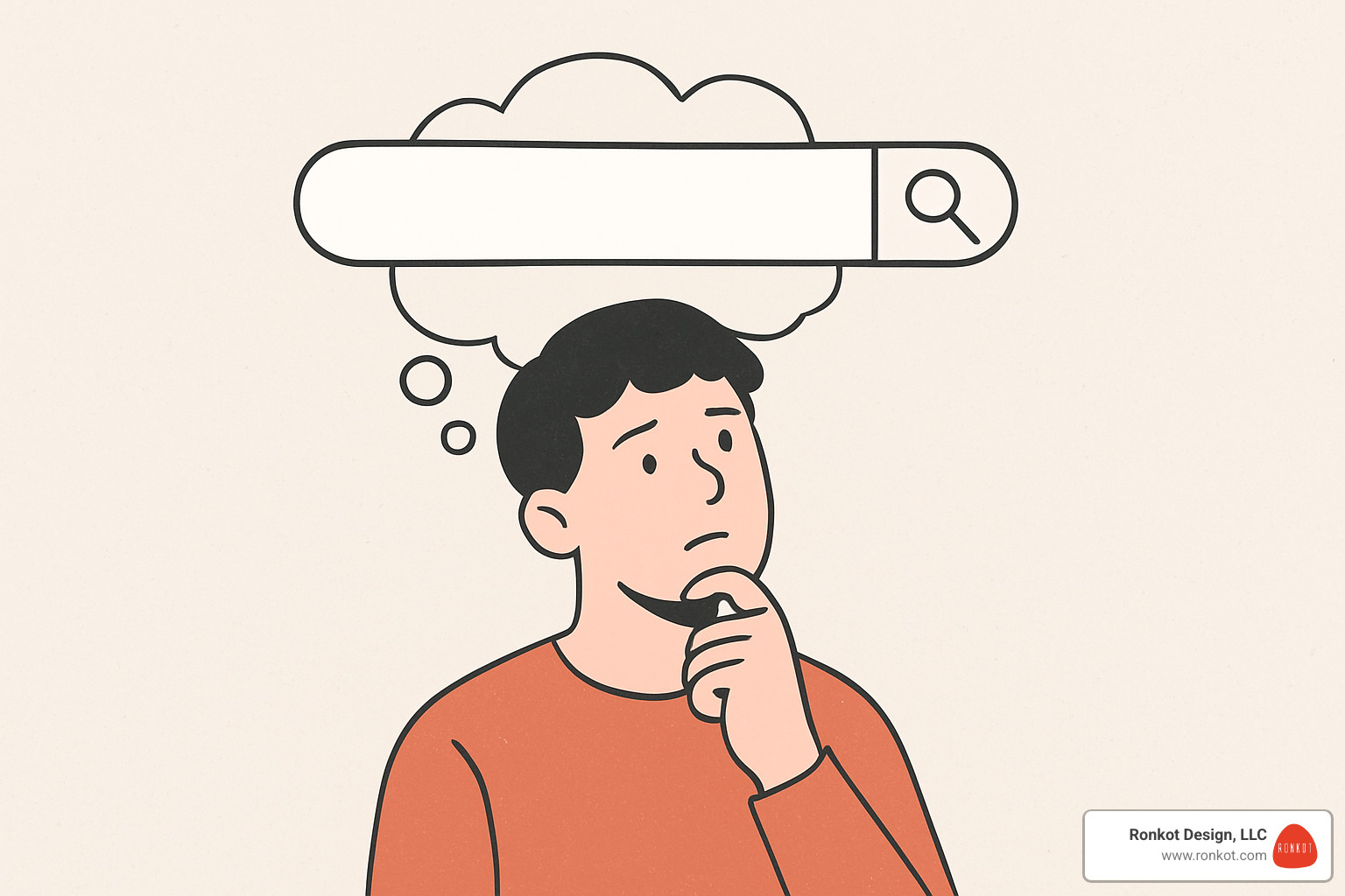 person thinking and a search bar, illustrating user intent - best seo keywords for hair salons