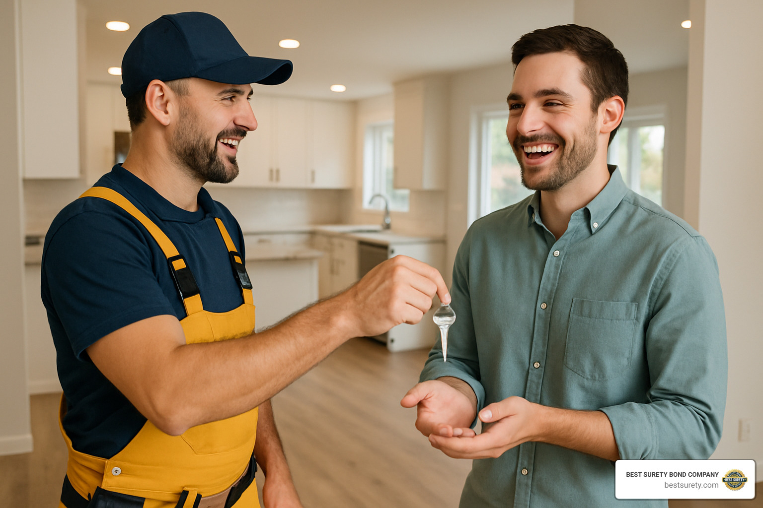 contractor handing keys to a happy homeowner - small business bonds