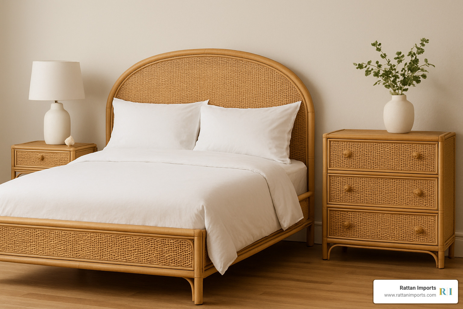rattan bedroom set with bed frame, nightstand, and dresser - rattan bedroom furniture