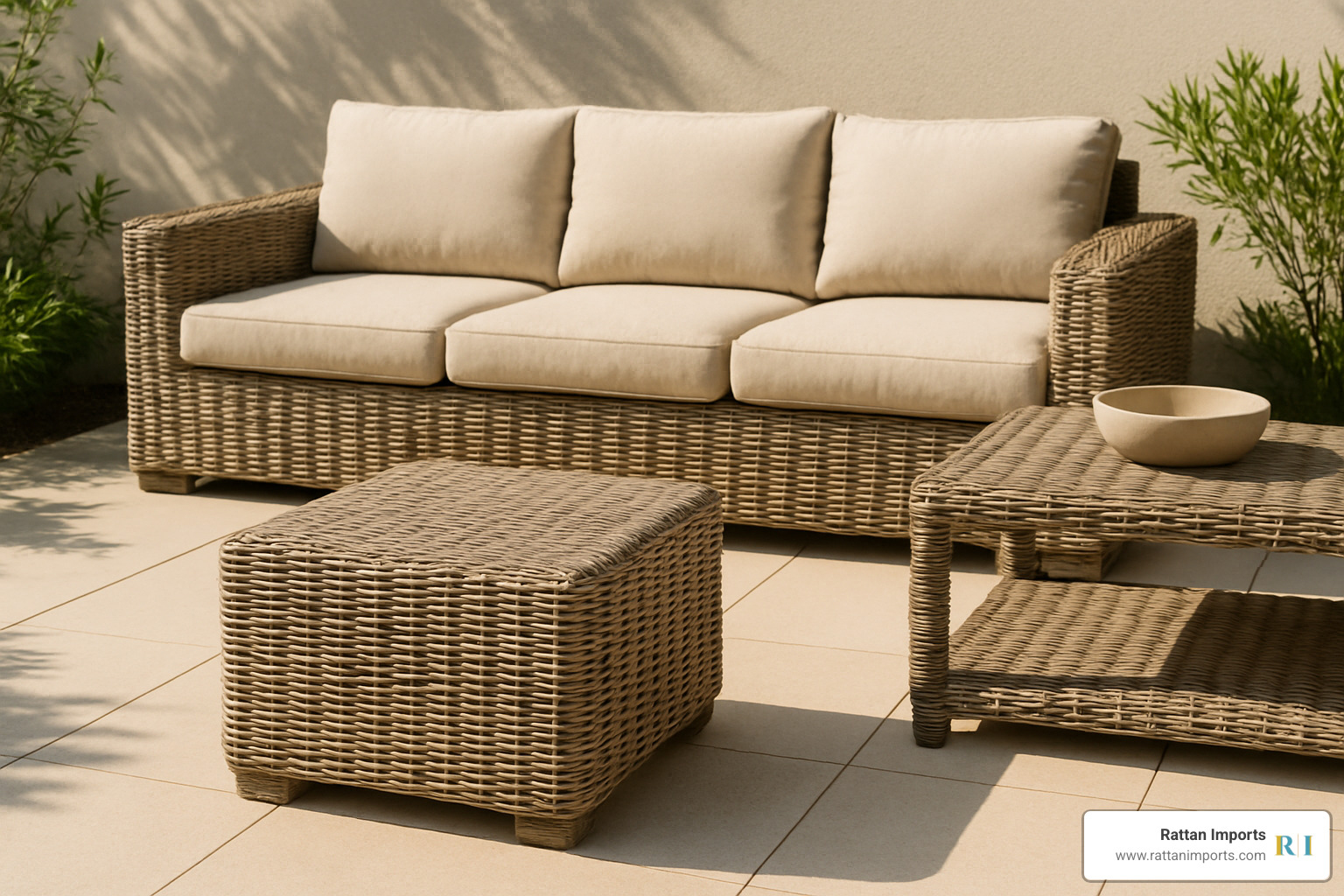 outdoor patio set with synthetic rattan ottoman in bright sunlight - rattan ottomans