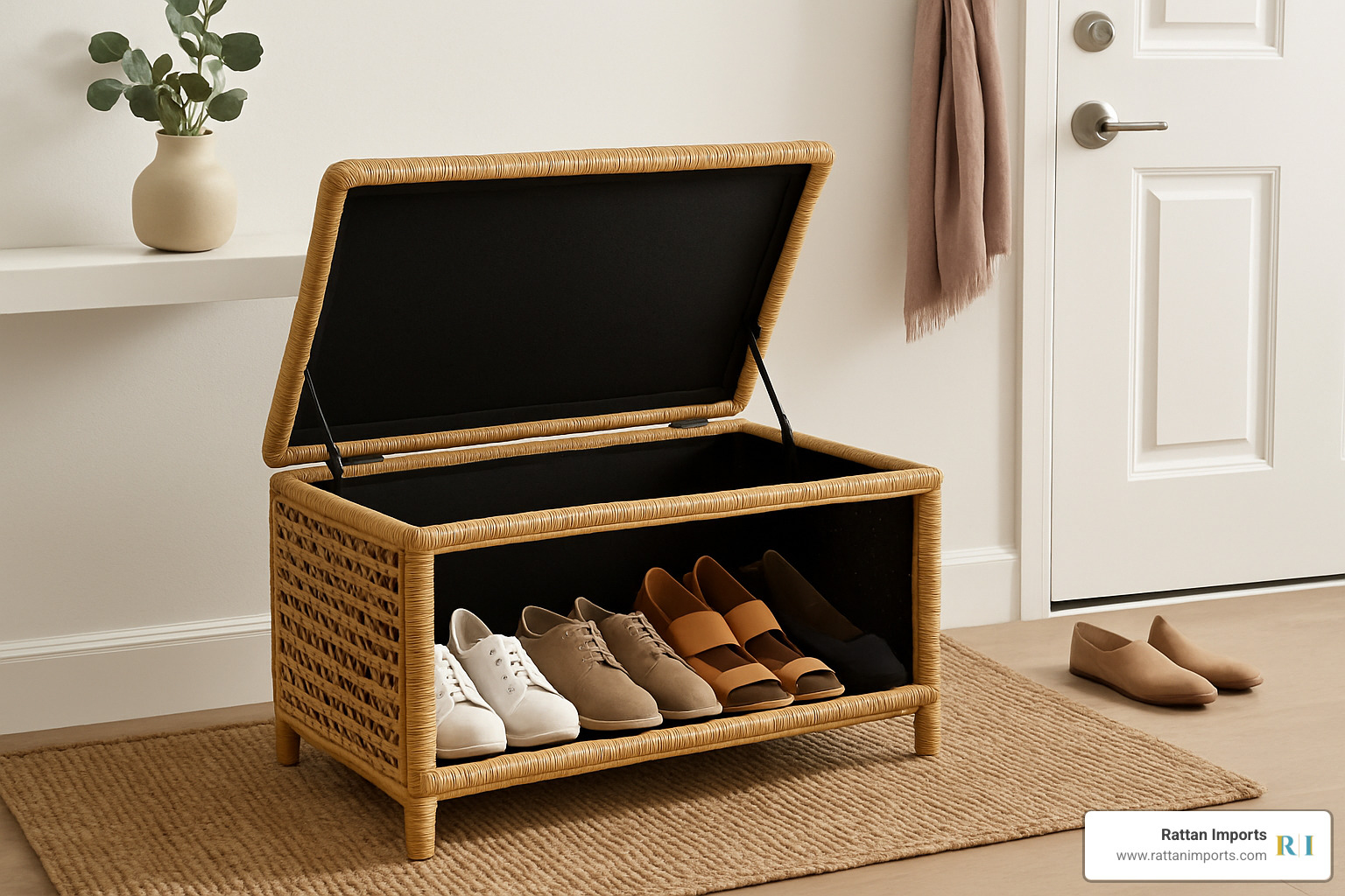 storage rattan ottoman in entryway with lid open showing organized shoes inside - rattan ottomans
