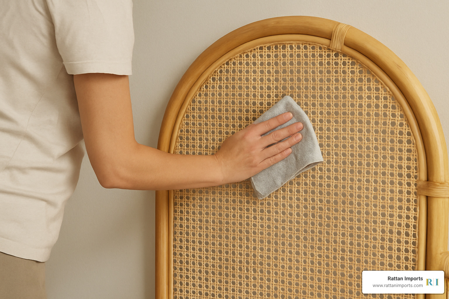 person cleaning rattan headboard with soft cloth - rattan bedroom furniture
