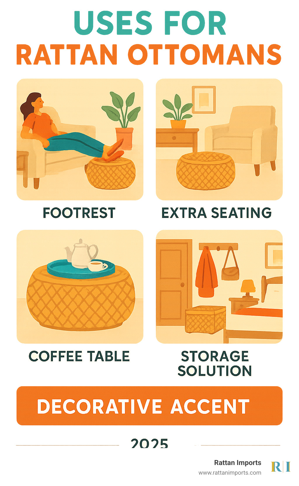 Infographic showing multiple uses of rattan ottomans: footrest by a sofa, extra seating in a living room, coffee table with tray on top, storage solution in entryway, and decorative accent in bedroom - rattan ottomans infographic 