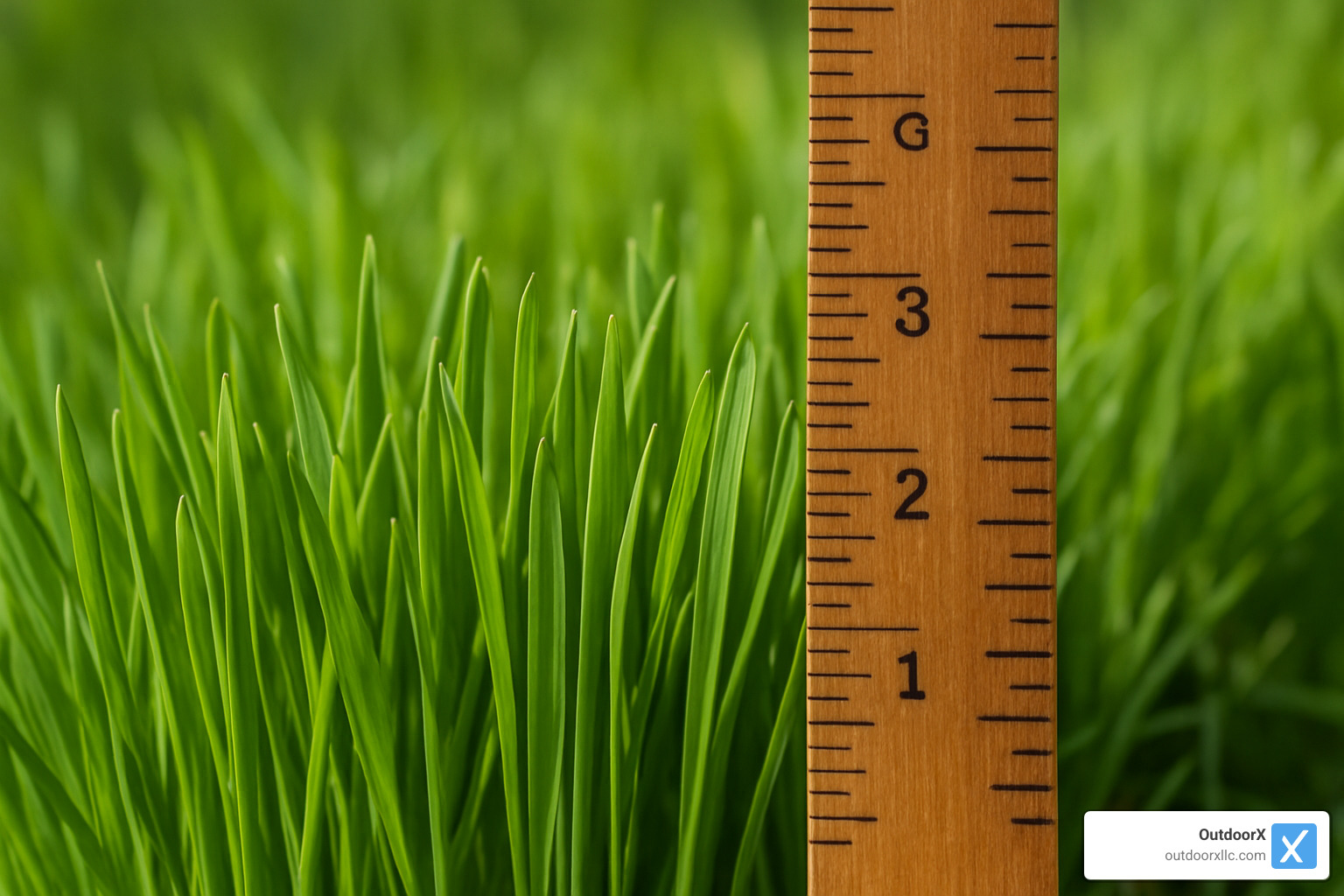 Close-up of healthy grass blades with a measuring tool showing proper cutting height - yard maintenance near me