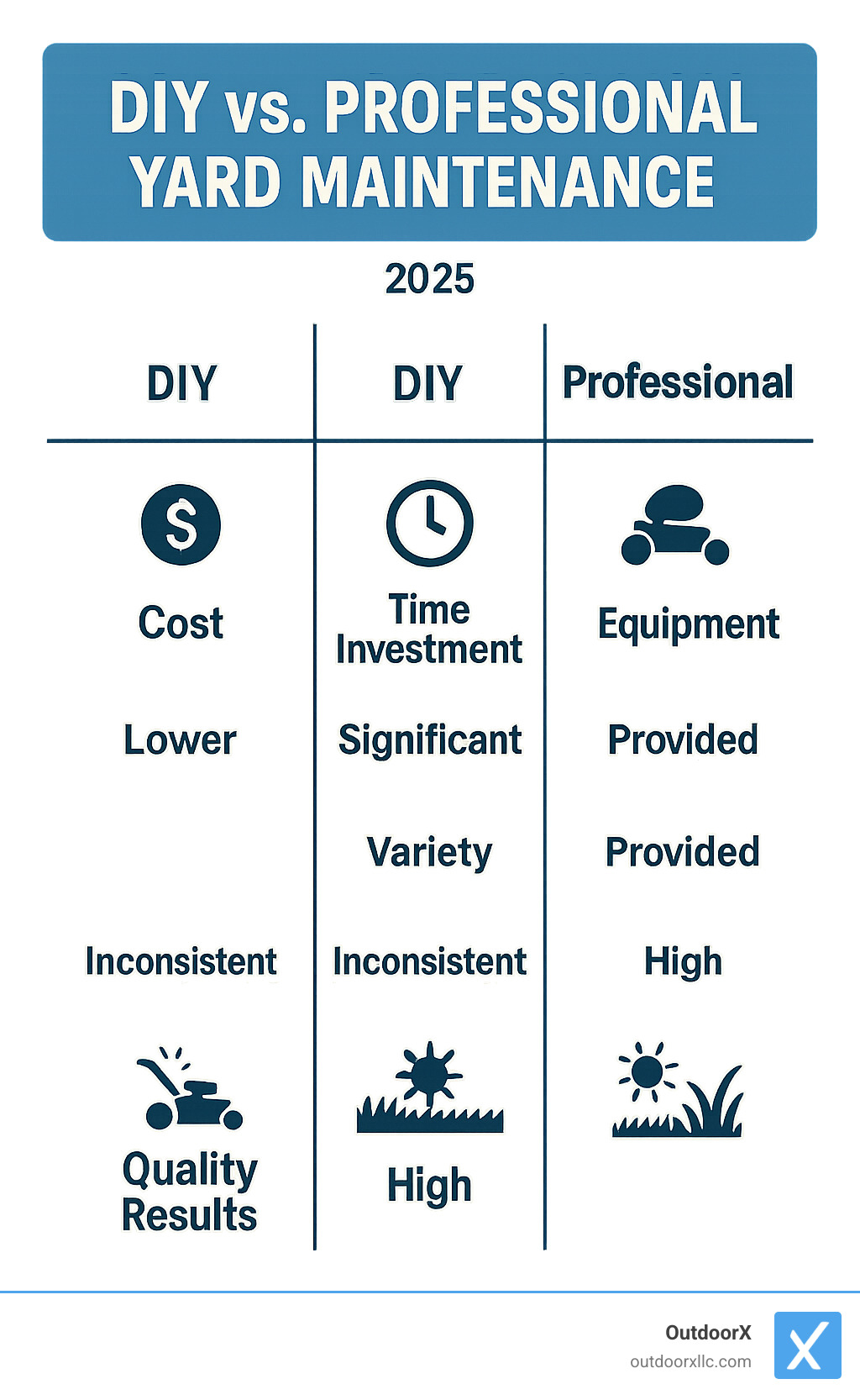 Comparison infographic showing DIY vs Professional yard maintenance costs, time investment, equipment needs, and quality results - yard maintenance near me infographic 