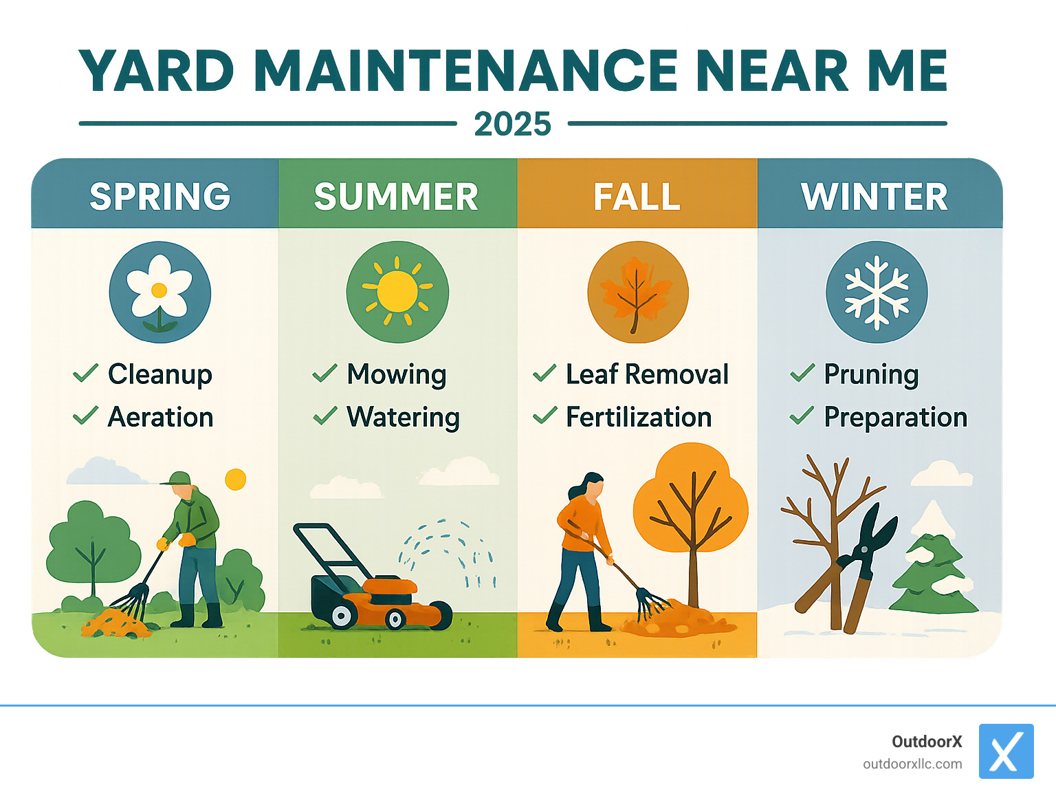 Comprehensive infographic showing seasonal yard maintenance tasks including spring cleanup and aeration, summer mowing and watering schedules, fall leaf removal and fertilization, and winter preparation with pruning and equipment storage - yard maintenance near me infographic 