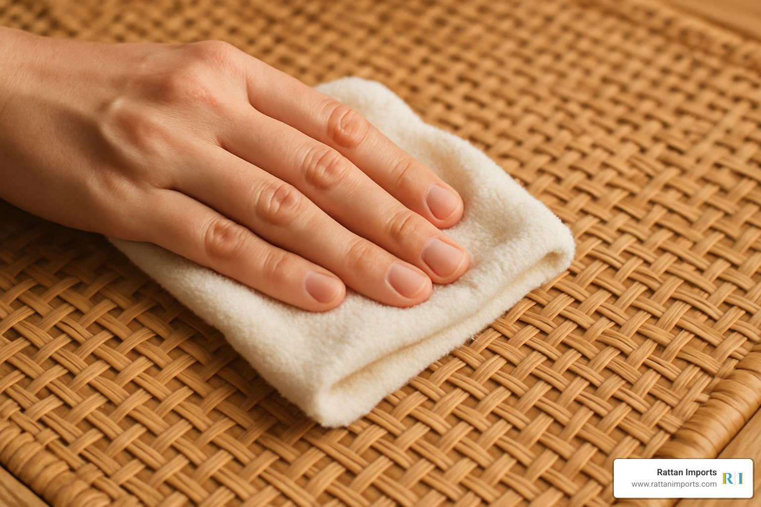hand gently wiping rattan surface with soft clean cloth - scandinavian rattan coffee table