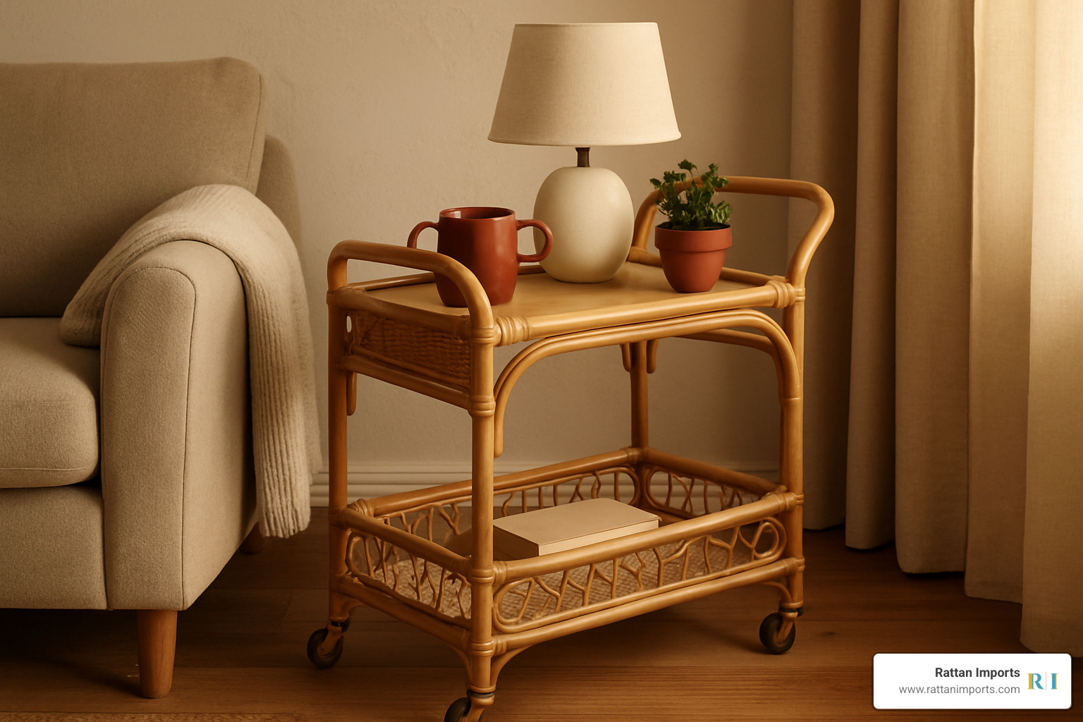 rattan serving cart used as side table next to armchair - scandinavian rattan coffee table