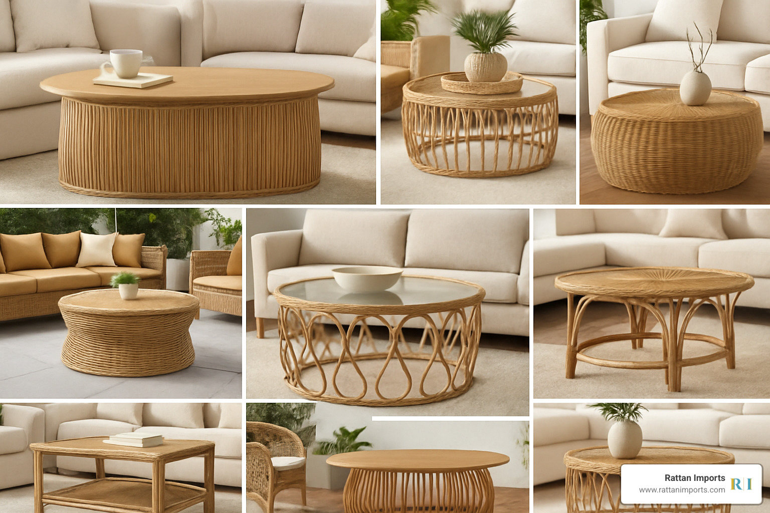 collage of different rattan tables in various settings - scandinavian rattan coffee table